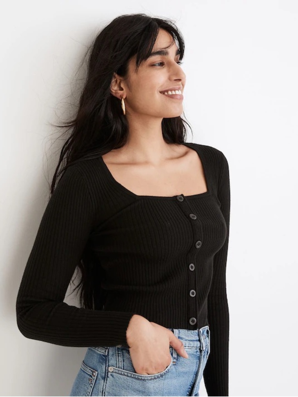 Madewell Rosseau Square-Neck Crop Long Sleeve Knit Cardigan Top Black Size Small